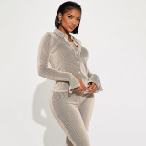 Fashion Women's Fall And Winter Ribbed Turndown Collar Bell Bottom Sleeve Shirt Pants Two-Piece Set