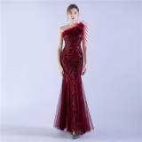 Elegant Beading And Feathers High-End Sequined Evening Dress