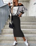 Autumn And Winter Fashion Bat Sleeves Top Slim Long Skirt Women Two Piece Set