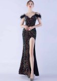 Elegant Feather High-Density Sequined Long Evening Dress