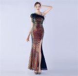 Elegant Feather High-End Sequined One-Shoulder Evening Dress