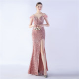 Elegant Feather High-Density Sequined Long Evening Dress