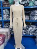 Autumn And Winter Knitting Dress Casual Slim Waist Round Neck Ribbed Slim Fit Knitting Long Dress For Women