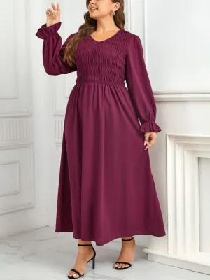 Round Neck Puff Sleeve A-Line Pleated Slim Waist Maxi Dress