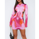 Women's Fashion Printed Round Neck Long Sleeve Slim Dress