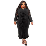 Plus Size Autumn Women's Zipper Round Neck Long Sleeve Pleated Dress