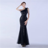 Elegant Beading And Feathers High-End Sequined Evening Dress