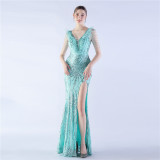 Elegant Feather And Beaded Long Sequined Evening Dress