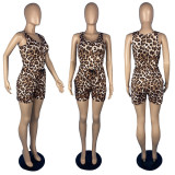 Women's Fashion Leopard Print Vest Shorts Two Piece Set