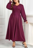 Round Neck Puff Sleeve A-Line Pleated Slim Waist Maxi Dress