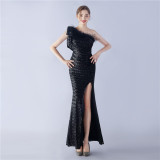 Elegant Feather High-End Sequined One-Shoulder Evening Dress