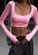 Long Sleeve Crop T-Shirt Autumn Women's Solid Color U-Neck Cropped Top