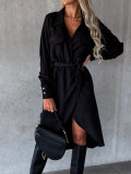 Women's Fashionable And V-Neck Wrap Belt Long-Sleeved Casual Dress