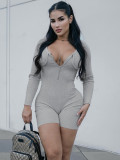 Fashionable Zipper U-Neck Long Sleeve Tight Fitting Jumpsuit Autumn Women's Solid Color Workout One Piece Overall Shorts