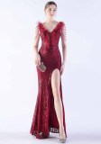 Elegant Feather And Beaded Long Sequined Evening Dress