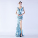 Elegant Feather And Beaded Long Sequined Evening Dress