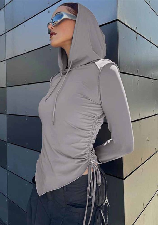 Women's Autumn Style Street Drawstring Irregular Slim Fit Hooded Top For Women