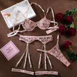 Embroidered Flowers See-Through Sexy Chain Garter Three-Piece Lingerie Set