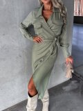 Women's Fashionable And V-Neck Wrap Belt Long-Sleeved Casual Dress