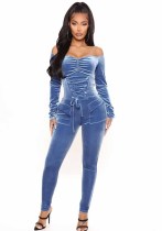 Women's Autumn And Winter Velvet Off Shoulder Lace-Up Slim Jumpsuit