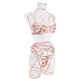 Embroidered Flowers See-Through Sexy Chain Garter Three-Piece Lingerie Set