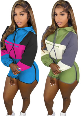 Women Casual Color Block Long Sleeve Top and Shorts Two Piece Set