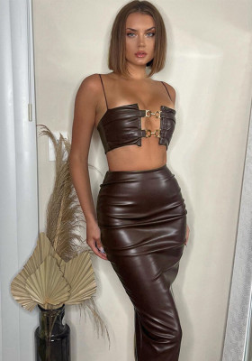 Women Sexy Pu-Leather Crop Top and Bodycon Slit Skirt Two-piece Set