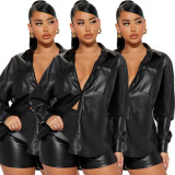 Women Casual Solid Pu Leather Long Sleeve Top and Shorts Two-piece Set