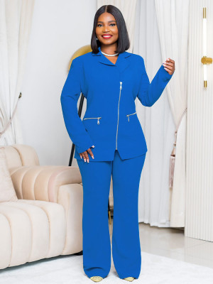 Women's Fall/Winter Solid Color Turndown Collar Multi-Zip Blazer Pants Two Piece Suit