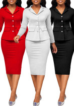 Sexy And Fashionable Solid Color Long-Sleeved Career Women's Two-Piece Skirt Set