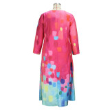 Women's Spring And Autumn Printed Fashion Chic V-Neck Loose Long-Sleeved Dress