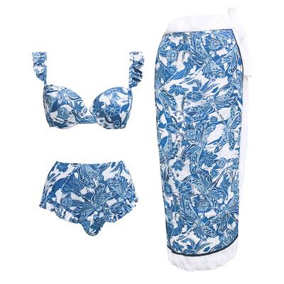 Print Two Pieces Swimsuit Womenretro One Piece Slim Fit Swimwear Chiffon Beach Skirt