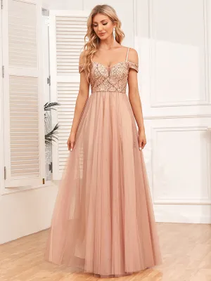Off-Shoulder Straps Sequin Mesh Patchwork Elegant Party Dress