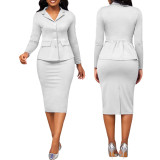 Sexy And Fashionable Solid Color Long-Sleeved Career Women's Two-Piece Skirt Set