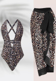 Leopard Print Sexy Deep V Neck One-Piece Swimsuit Mesh Skirt For Women