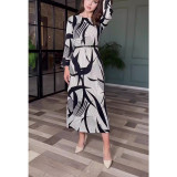 Women's Autumn Fashion Chic Elegant Printed Long Sleeve Split Midi Dress
