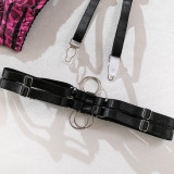 Sexy Lace Mesh Patchwork Halter Neck Metal Garter Belt Lingerie Set