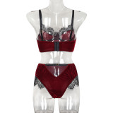 Autumn Burgunry Velvet Patchwork Lace Comfortable Sexy Lingerie Set