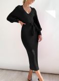 Women's Sweater Dress Elegant Long Sleeve V Neck Sexy Knitting Tight Fitting Dress