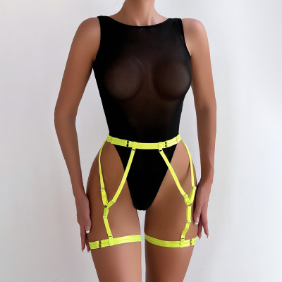 Sexy Solid Mesh Bodysuit Lingerie Matching Garter Belt