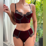 Autumn Burgunry Velvet Patchwork Lace Comfortable Sexy Lingerie Set