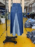 Fashion Hem Patchwork A-Line Denim Long Skirt