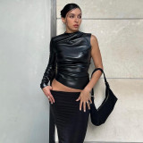 One Shoulder Round Neck Long Sleeve Pu Leather Tight Fitting Fashion Casual Top Women's Clothing