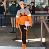 Letter Print Contrast Color Block Fall/Winter Fashion Casual Hooded Women's Two-Piece Tracksuit Set