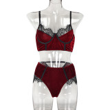 Autumn Burgunry Velvet Patchwork Lace Comfortable Sexy Lingerie Set