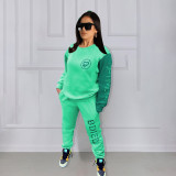 Women's Style Color Block Letter Embroidered Round Neck Two Piece Tracksuit