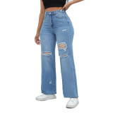 Straight-Leg Jeans Chic Washed Ripped Wide-Leg Denim Pants For Women