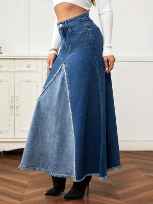 Fashion Hem Patchwork A-Line Denim Long Skirt