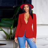 Fashion Women's Sexy V Neck Blazer Solid Color Long Sleeve Coat