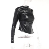 One Shoulder Round Neck Long Sleeve Pu Leather Tight Fitting Fashion Casual Top Women's Clothing